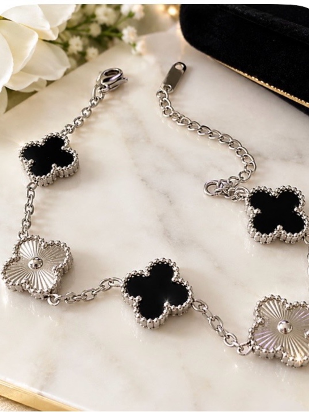 Silver Bracelet with Black Clover Accents